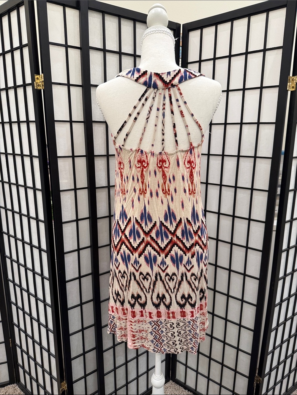 Sleeveless Strappy Back Dress in Cream with Blue & Red Print